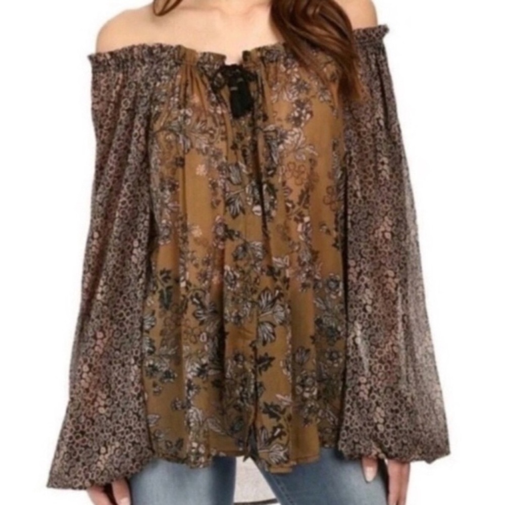 New Listing Free People Floral Off-Shoulder Blouse in Brown and Black